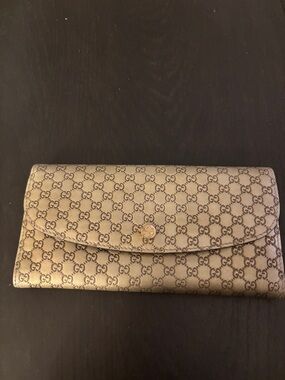 Gucci Brown GG Monogram Continental Wallet with Gold Snap